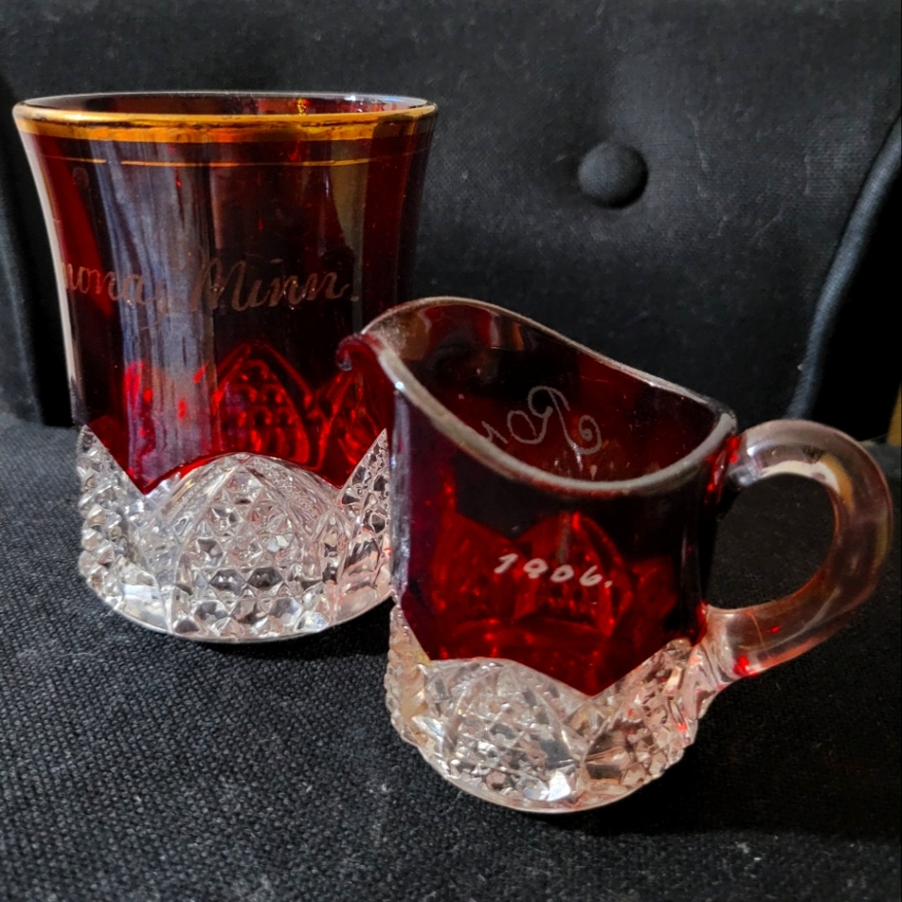 Ruby Red Flash Glass Souvenir Punch Cup Mug E.A. Simmons 1906 Pressed Glass EAPG